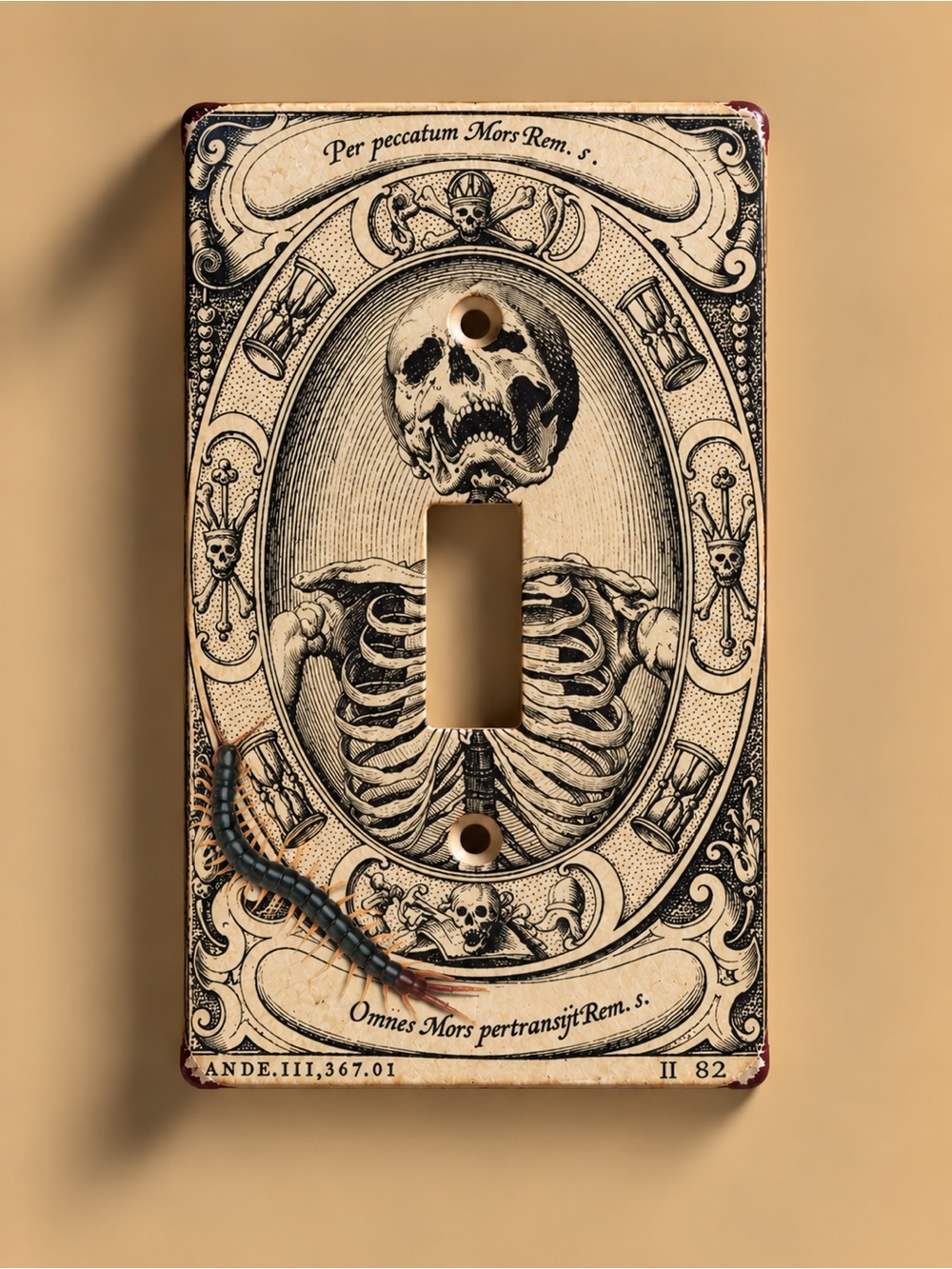 Handmade Skeleton Illustration Single Toggle Wall Plate - Cream and Black